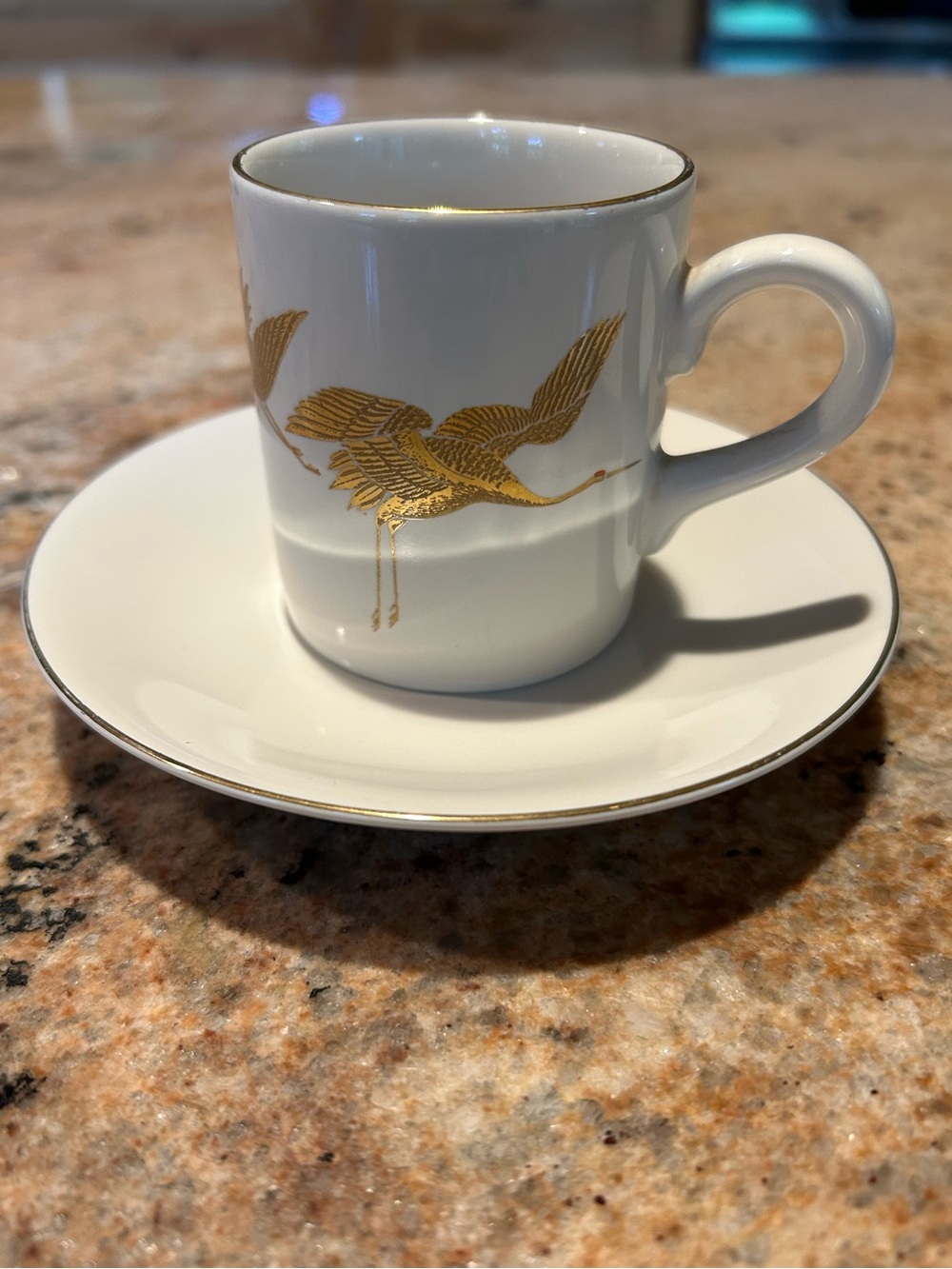 Porcelain Espresso Demitasse Cup Saucer Set 22K Gold Flying Cranes Otagiri Japan - Picture 5 of 16